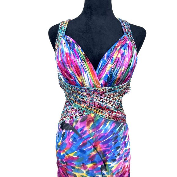 LaFemme Paris Sequin Prom Gown Women's 4 Flowy Silk Beaded Multicolor Open Sides - Picture 9 of 16